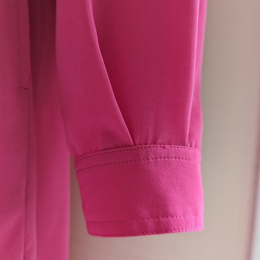 Vintage 1980's Bright Pink Dress Belted Button Down High Neck Pockets Size 10 - Picture 11 of 16